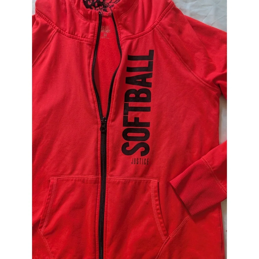 Justice Girls Size 14 Red Full-Zip Softball Long Sleeve Hooded Sweatshirt - Picture 2 of 7